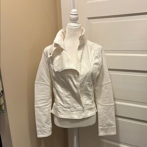 Cream Utility Jacket with Asymmetrical Zipper and Structured Shoulders